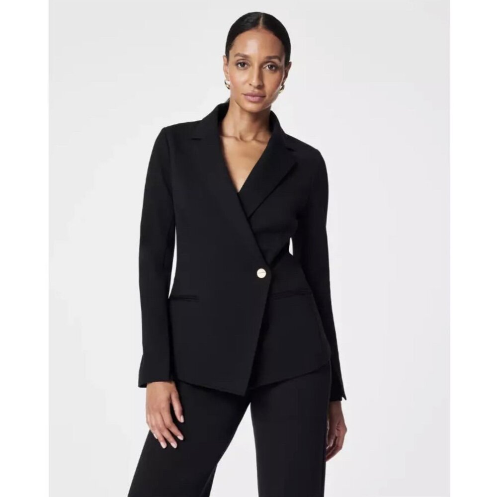 SPANX Black Asymmetric Single-Button Blazer with Gold Button